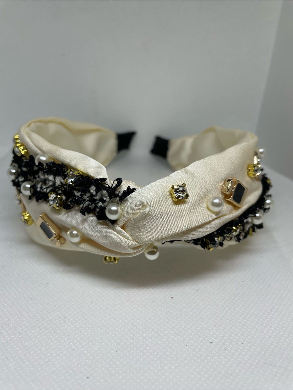 Silk Pearl & Gem Embellished Knotted Headband - Cream